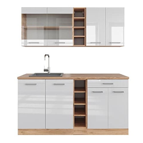 Vicco Singleküche R-Line, Weiß Hochglanz/Goldkraft Eiche, 160 cm ohne Arbeitsplatte