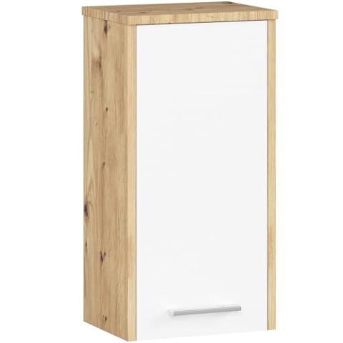 AKORD Badezimmer-Hängeschrank FIN 30 cm | mit 1 Tür | Hängender Waschmaschinenschrank | Badezimmerschrank | Waschmaschienenüberschrank | B30 x H60 x T22,5 cm | Gewicht 8,10 kg | Artisan-Eiche | Weiß