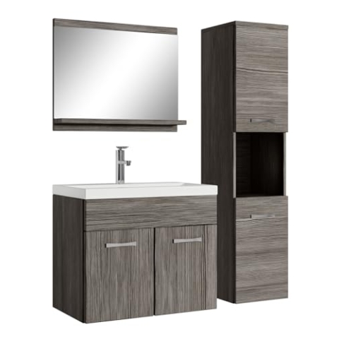 Badplaats B.V. Badezimmer Badmöbel Set Montreal 60cm Waschbecken Grau Eiche - Unterschrank Hochschrank Waschtisch Möbel