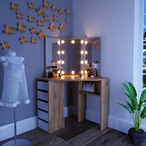 Vicco Frisiertisch für die Ecke Arielle, Goldkraft Eiche/Weiß, 110 cm mit LED Beleuchtung
