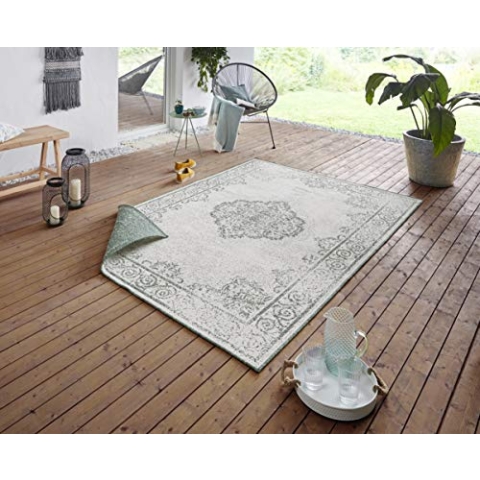 NORTHRUGS In- und Outdoor Teppich Cebu 200x290cm - Wendeteppich Wetterfest Orientalisches Vintage Design Läufer für Balkon Terrasse Garten Wintergarten Wohnzimmerteppich Wasserfest in Grün Creme