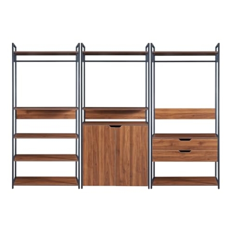 [en.casa] Garderobenständer 3er Set Larem Kleiderständer mit Metallgestell 1 Schrank 2 Schubladen 9 Ablagen offener Kleiderschrank mit 3 Kleiderstangen Standgarderoben Flurgarderoben Walnussoptik