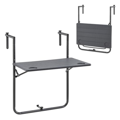 [en.casa] Hängetisch Badolato 84 x 60 x 60 cm Balkontisch mit 2 Getränkehalter Klapptisch eckig höhenverstellbar Stahlgestell Dunkelgrau