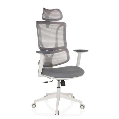 MyBuero Drehstuhl ergonomisch ERGOMY W Bürostuhl mit Verstellbarer Lordosenstütze, Kopfstütze, weißes Gestell, Netz-Rückenlehne, Stoff Grau