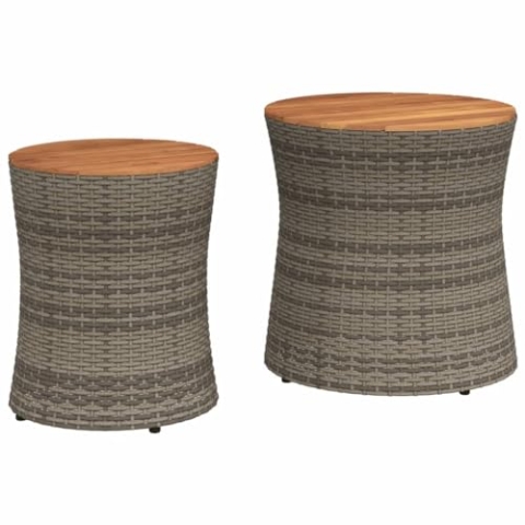 vidaXL Garten Beistelltisch 2 STK., Tisch mit Holzplatte, Gartentisch mit Stahlgestell, Terrassentisch Gartenmöbel Gartengarnitur, Grau Poly Rattan