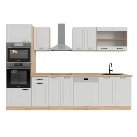 Vicco Küchenzeile R-Line, Weiß Landhaus/Goldkraft Eiche, 300 cm mit Hochschrank, AP Eiche