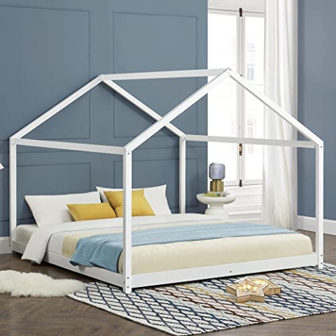 [en.casa] Kinderbett Cerro Hausbett Jugendbett Bettenhaus mit Lattenrost Montessori Bett aus massiver Kiefer Bettgestell 160x200cm Weiß