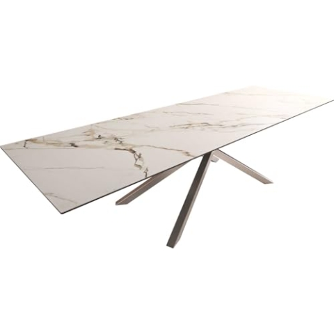 DELIFE Esszimmertisch Edge Keramik Calacatta Luxe Weiß-Gold-Grau 300x100 Kreuzgestell Rechteck Edelstahl