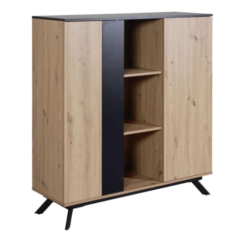 Wohnling Highboard 110x125x40 cm MDF Sideboard in Eiche-Dekor/Schwarz, Kommode mit 2 Türen, Kommodenschrank mit Regal, Flurschrank Modern, Standschrank Anrichte mit Metallbeine