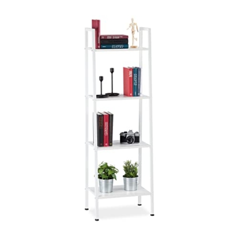 Relaxdays Standregal, modernes Leiterregal m. 4 Ablagen, Dekoregal für Pflanzen & Bücher, HBT: 136 x 44 x 31,5 cm, weiß