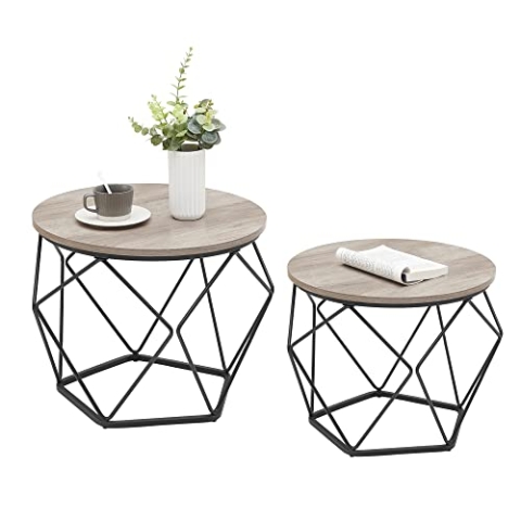 VASAGLE Couchtisch rund, 2er Set, Wohnzimmertisch, Beistelltisch, Vintage-Flair, abnehmbare Tischplatte, für Wohnzimmer, greige-tintenschwarz LET040B02