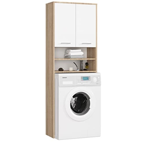 AKORD Waschmaschinenumbauschrank FIN 64 cm | mit 2 Türen | Hängender Waschmaschinenschrank | Umbauschrank | B64 x H180 x T30 cm | Gewicht 29,50 kg | Sonoma Eiche/Weiß