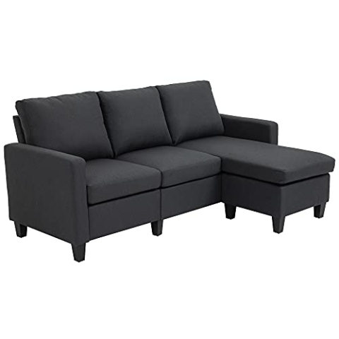 HOMCOM Ecksofa mit Schlaffunktion, 3 Sitzer Sofa mit Bettkasten und Kissen, Eckcouch, L-Form Couch für Wohnzimmer, Schlafzimmer 197 x 139 x 91 cm, Leinen, Dunkelgrau