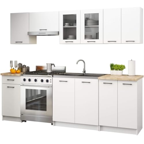 AKORD Küchenmöbel-Set OLIWIA 2.4m Modulares 240 cm 11 Türen 1 Schublade, Küche Komplett, Kitchen Cabinet Set, Küchenschränke, Standschränke, B240xH203xT46 cm, Weiß & Weiß