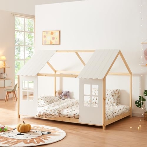 [en.casa] Kinderbett Tostedt Hausbett Jugendbett Bettenhaus Spielbett Halboffenes Design Montessori Bett aus massiver Kiefer Bettgestell Holz 120x200cm Holz/Weiß