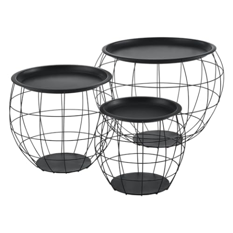 In And OutdoorMatch Beistelltisch Nedra - Couchtisch - 3er Set - Abnehmbare Tischplatte - Schwarz - Metall und MDF - Modernes Design