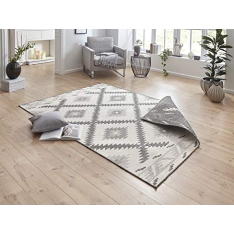 NORTHRUGS In- und Outdoor Teppich Malibu 200x290cm - Wendeteppich Wetterfest Modern Geometrisches Muster Läufer für Balkon Terrasse Garten Wintergarten Wohnzimmerteppich Wasserfest in Grau Creme