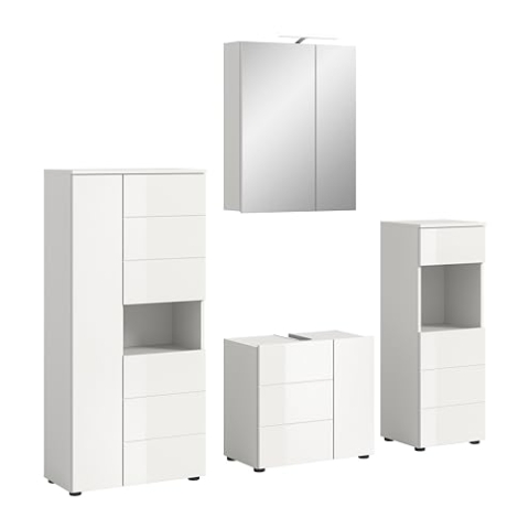 xonox.home Badezimmer Vira 4tlg. Kombination Badmöbel Set kleine Bäder Komplettprogramm Bademöbel-Set in Front weiß Hochglanz Tiefzieh Korpus weiß Melamin