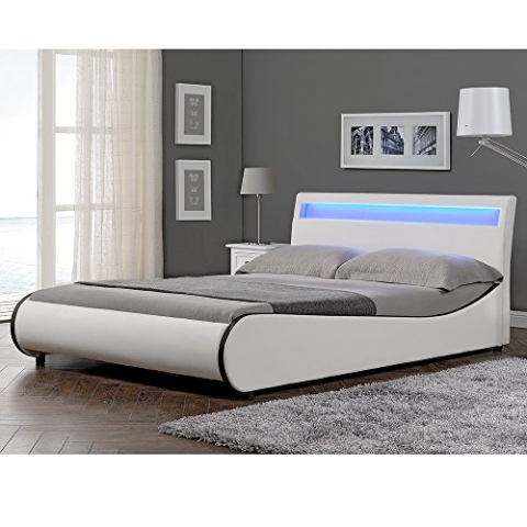 Corium LED Polsterbett Valencia Wellenförmiges Doppelbett mit LED Beleuchtung aus Kunstleder Lattenrost & gepolstertes Kopfteil 180x200cm Weiß mit schwarzer Kante