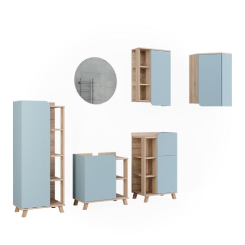 Vicco Badmöbel-Set Karen, Badezimmerschrank-Set, Blau-Grau, 6 Teile