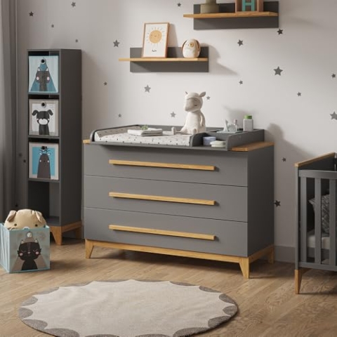 VitaliSpa Wickelkommode Malia, Grau/Eiche, 133 x 98 cm XL mit 3 Schubladen