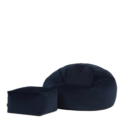 Icon Kingston Sitzsack mit Hocker Samt, Dunkelblau, Sitzsack Erwachsene mit Füllung, Bean Bag, Samt Sessel, Lounge Sessel, Lounge Stuhl, Schlafzimmer, Wohnzimmer, Wohnzimmer Möbel