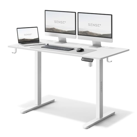 SENSE7 Höhenverstellbarer Schreibtisch elektrisch NOJO, Standing Desk 120x60, PC Tisch mit Memory, Stehschreibtisch mit Kabel Tray, Gaming Tisch mit Haken, geräuscharme Höhenverstellung, White