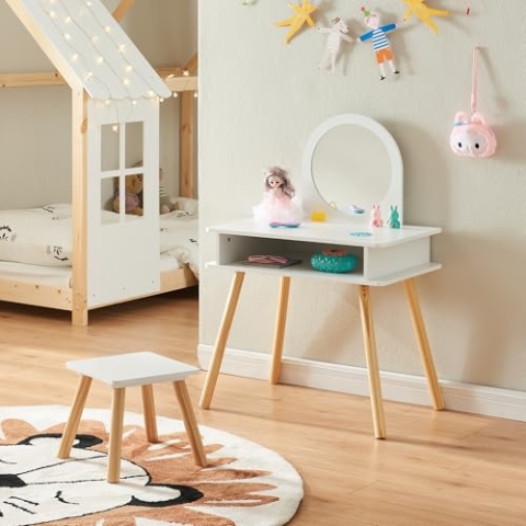 [en.casa] Schminktisch Kinder Ovanåker Kinderschminktisch mit Hocker Frisiertisch Schminktisch mit Spiegel Frisierkommode mit Ablagefach Kosmetiktisch Weiß/Natur