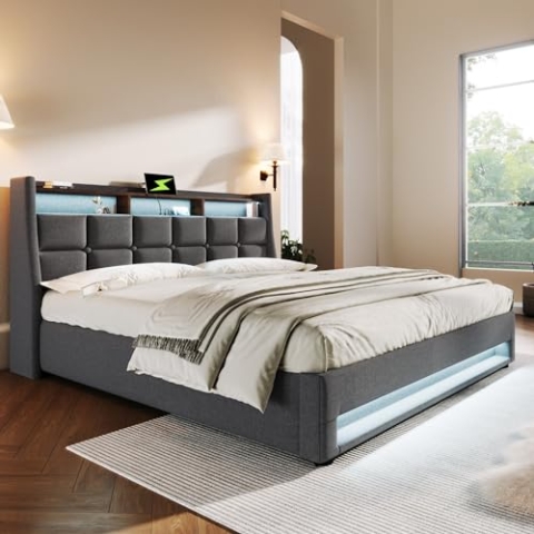 OKYION Boxspringbetten Polsterbett 140x200cm, Doppelbett Hydraulisches Bettkasten mit LED-Erleuchtung und USB(Ohne Matratze),Grau
