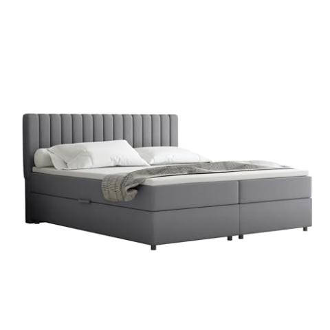 PANDA MÖBEL Everest Boxspringbett 180 x 200 cm Doppelbett mit hochwertiger Bonell-Matratze und Topper, Polsterbett mit Bettkasten, Schlafzimmer, Bequem, Modern, Stilvoll