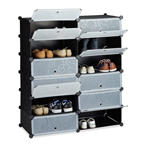 Relaxdays Schuhschrank Kunststoff, Schuhregal geschlossen, Regalsystem 12 Fächer, H x B x T: 108 x 94 x 37 cm, schwarz