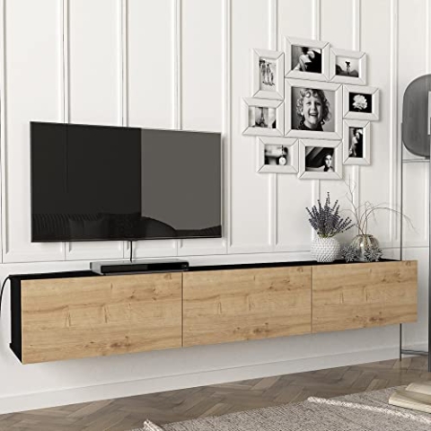 [en.casa] Fernsehschrank Vihti mit 3 Staufächern Lowboard 180x31x29,5cm Hängeboard schwebend Schwarz/Eiche