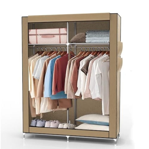 INTIRILIFE Faltschrank 108x170x45 cm in CRÈME BEIGE - Stoffkleiderschrank mit Reißverschluss und Kleiderstange, Seitentasche und Fächern - Steckregal, Metallrahmen, Aufbewahrung