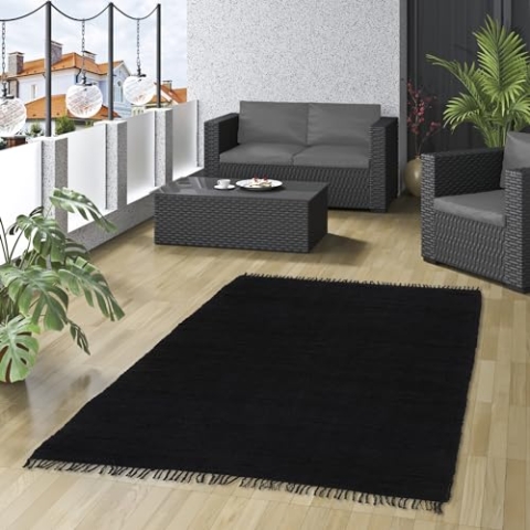 Pergamon Baumwolle Natur Teppich Flachgewebe Handgewebt Jolly Cotton Schwarz in 6 Größen