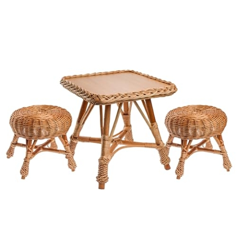 BOGATECO Ökologisches Kinder-Weidenmöbelset: Tisch und 2 Hocker, Robust und Sicher, Ideal für Haus und Garten
