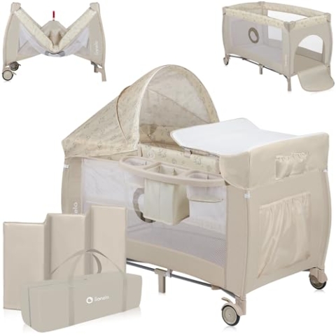 Lionelo Sven Plus 4 in 1 Baby Bett Laufstall Baby ab Geburt bis 15 kg Wickelauflage Moskitonetz luftige Seitenwände mit Seiteneingang Tragetasche zusammenklappbar