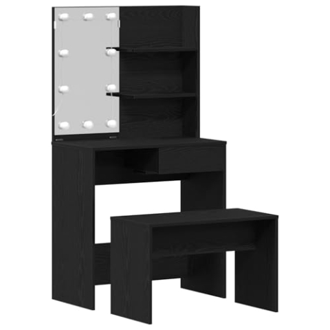 vidaXL Frisiertisch-Set mit LED Schwarze Eiche Möbelwerkstoff, LED Frisiertisch in Schwarzer Eiche - 74,5x40x141 cm, aus Möbelwerkstoff gefertigt, Frisiertuhl Schwarze Eiche 70x35x45 cm