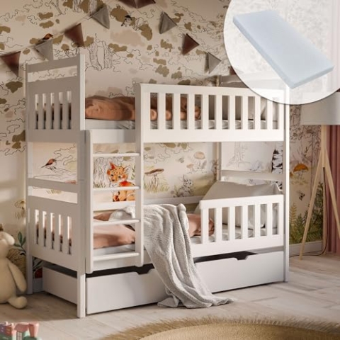Hochbett 80x180 | 90x200 cm mit 2 Matratzen und 2 Schubladen Etagenbett mit Rausfallschutz und Lattenrost, umbaubar in zwei Kinderbetten Funktionsbett weiß 90x200 cm von 4. bis 18. Lebensjahr