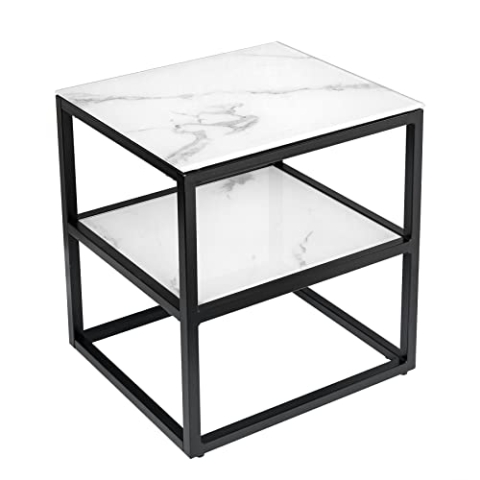 riess-ambiente.de Eleganter Beistelltisch Boutique 45cm weiß Kristallglas Marmor-Dekor schwarzes Gestell | schöner Nachttisch in Marmoroptik