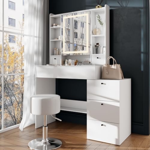 Vicco Schminktisch Livora, Kosmetiktisch mit Spiegel, Weiß, 105.5 cm mit LED-Spiegel