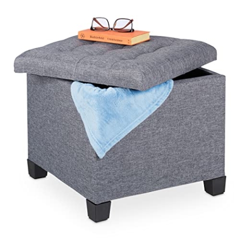 Relaxdays Sitzhocker mit Stauraum, HxBxT: 42 x 45 x 45 cm, gesteppt, Stoffbezug, Schaumstoff Polster, Fußhocker, grau