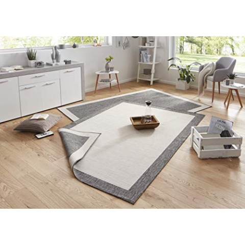 NORTHRUGS In- und Outdoor Teppich Panama 160x230cm - Wendeteppich Wetterfest Modernes Uni Design mit Bordüre Läufer für Balkon Terrasse Garten Wintergarten Wohnzimmerteppich Wasserfest in Grau Creme