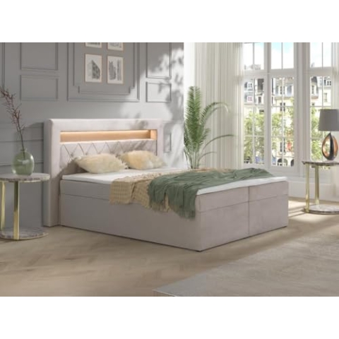 Vente-unique-Deko-Komplett-Set mit Bett-Kopfteil mit LED-Beleuchtung + Bettgestell mit Bettkasten + Matratze + Topper - 180 x 200 cm - Samt - Beige - ORANA von YSMÉE