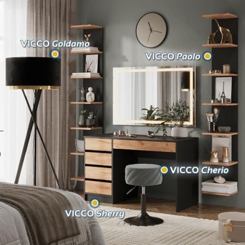 Vicco Schminktisch Sherry, Anthrazit/Goldkraft Eiche, 120 x 75 cm mit LED-Spiegel