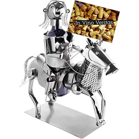 BRUBAKER Weinflaschenhalter Reiterin - Metall Skulptur Flaschenständer - 43 cm Metallfigur Wein Geschenk für Pferde Mädchen und Reitsport Fans mit Grußkarte