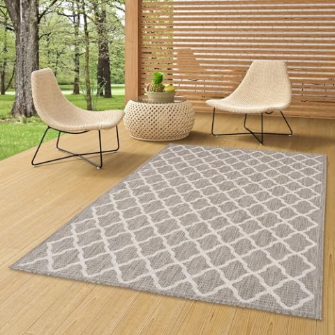In & Outdoor Flachgewebe Sisaloptik Natur, Terrasse und Balkon, Marokkanisches Muster Teppich Valencia Grau Modern in 5 Größen