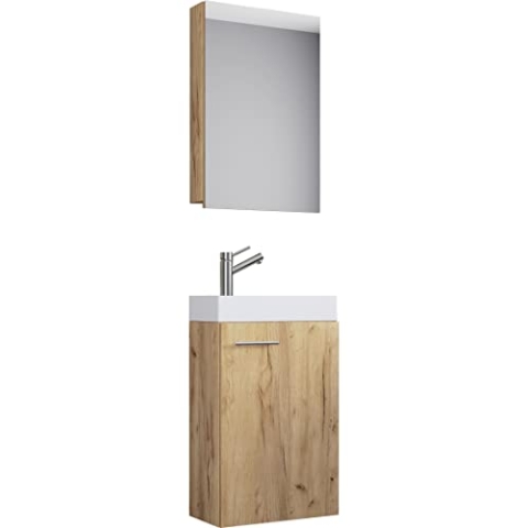 VCM 3-TLG Set | Waschplatz für Gäste WC | Gästebad | Waschtisch | Badezimmer Set - Slito SC Honig-Eiche
