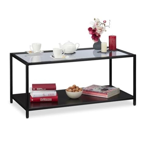 Relaxdays Couchtisch, Glasplatte & Metallgestell, Ablage aus MDF, moderner Wohnzimmertisch, HBT 45x100x50 cm, schwarz