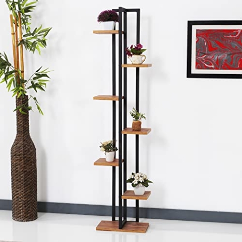 [en.casa] Blumenständer Somero 7 Ebenen Blumenregal 150 x 34 x 21 cm Pflanzenständer Indoor Pflanzenregal Wohnzimmer Schwarz/Walnuss-Optik