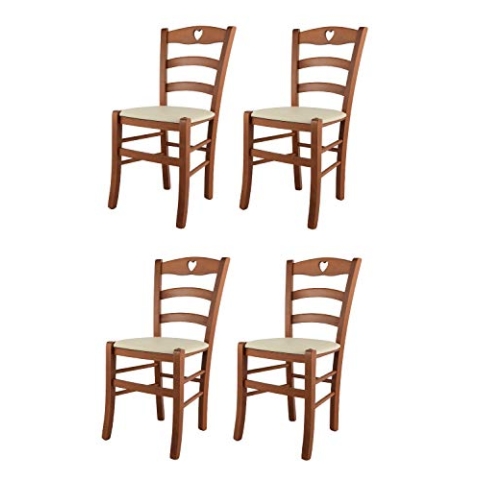 Tommychairs - 4er Set Stühle CUORE für Küche und Esszimmer, Robuste Struktur aus lackiertem Buchenholz im Farbton Kirschholz und gepolsterte Sitzfläche mit Kunstleder in der Farbe Elfenbein bezogen
